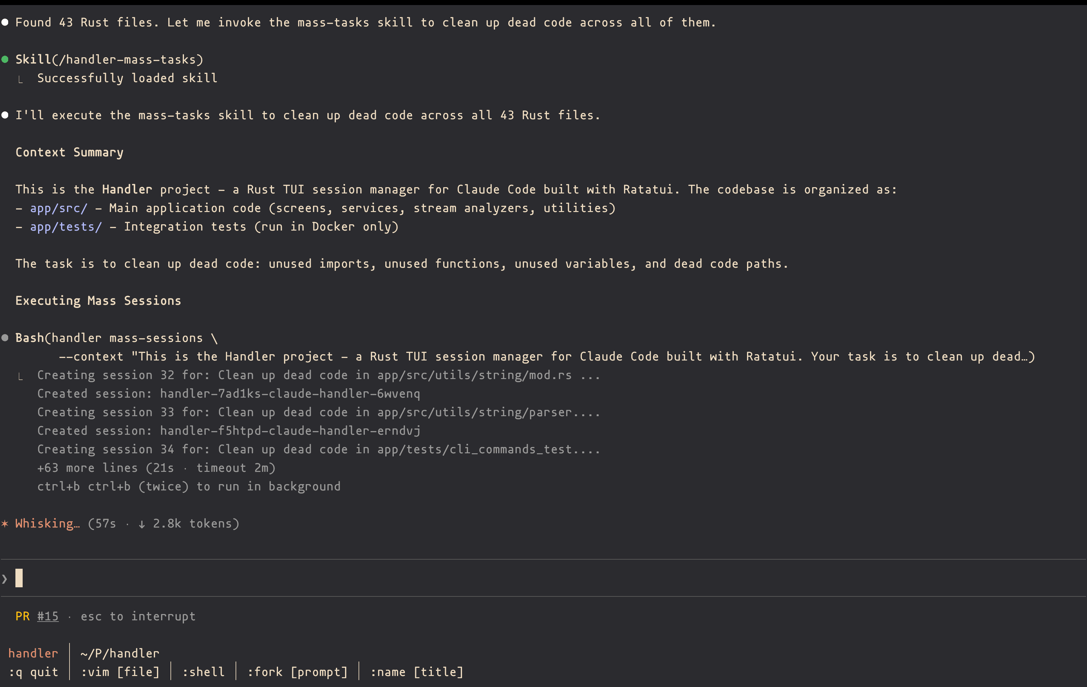 Handler running parallel tasks across multiple Claude Code sessions